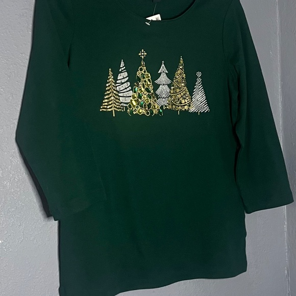 Karen Scott Whimsy Tee Women’s Petite Medium Spruce Night Christmas Trees Stones - Picture 5 of 10